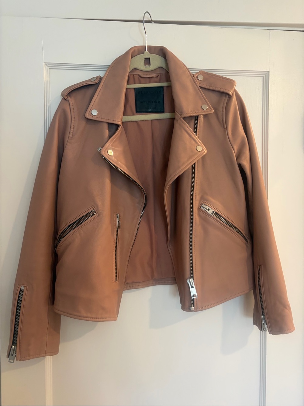 AllSaints Soft Blush Leather Moto Jacket with Silver Hardware